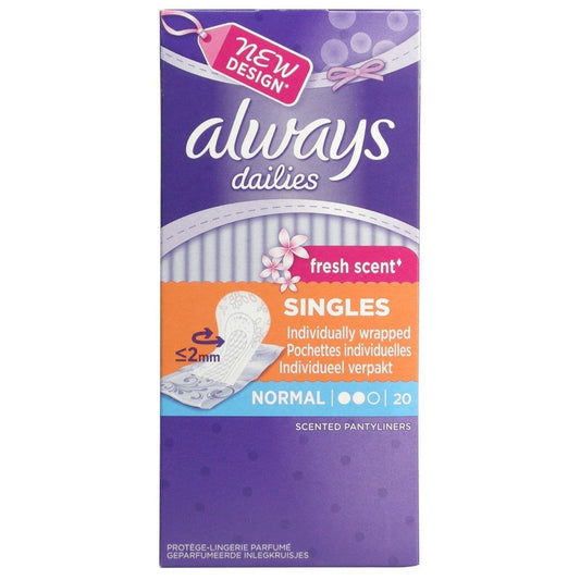 Always Dailies Singles To Go Panty Liners Fresh Scent Normal 20'S